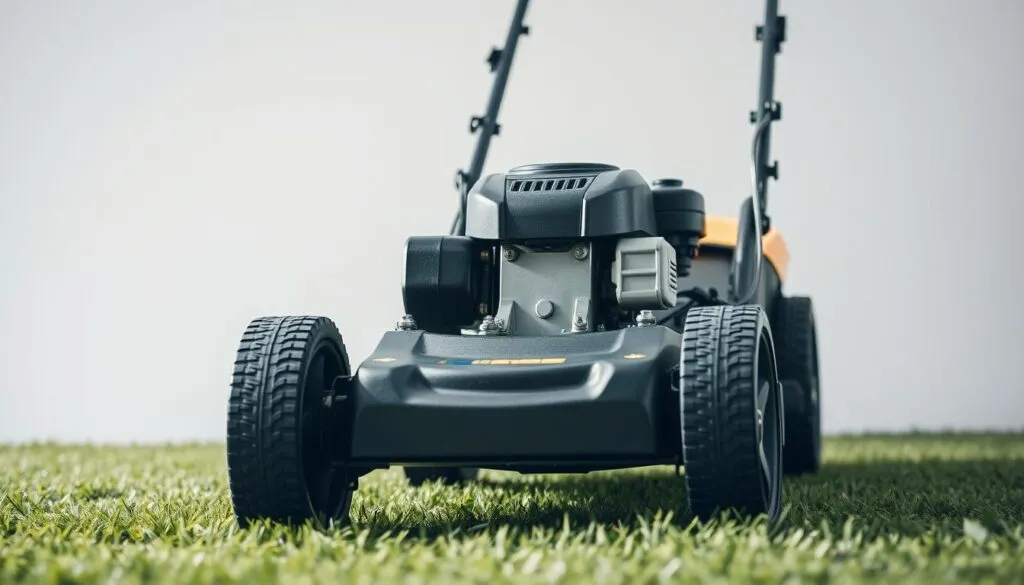 a detailed close-up view of a push lawn mower, centered and occupying the frame, capturing the key features in sharp focus and high resolution. the mower is shown against a plain, uncluttered background, with soft, natural lighting illuminating the components. in the foreground, the mower's sturdy steel deck and large rear wheels are prominently displayed, highlighting the durable construction. the mid-ground showcases the easy-grip handle, adjustable height settings, and the powerful gas-powered engine. the background subtly suggests a well-manicured lawn, complementing the mower's purpose. the overall composition and aesthetic convey the reliability and functionality of a high-quality push lawn mower. a detailed close-up view of a push lawn mower, centered and occupying the frame, capturing the key features in sharp focus and high resolution. the mower is shown against a plain, uncluttered background, with soft, natural lighting illuminating the components. in the foreground, the mower's sturdy steel deck and large rear wheels are prominently displayed, highlighting the durable construction. the mid-ground showcases the easy-grip handle, adjustable height settings, and the powerful gas-powered engine. the background subtly suggests a well-manicured lawn, complementing the mower's purpose. the overall composition and aesthetic convey the reliability and functionality of a high-quality push lawn mower.