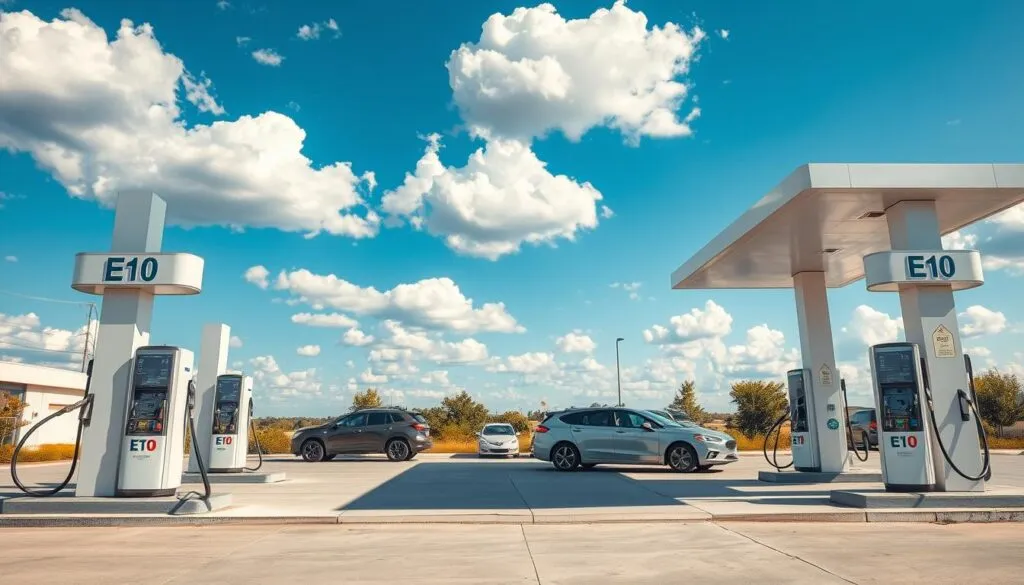 A brightly lit, modern E10 fuel station with multiple pumps in the foreground. The pumps have clear signage displaying 