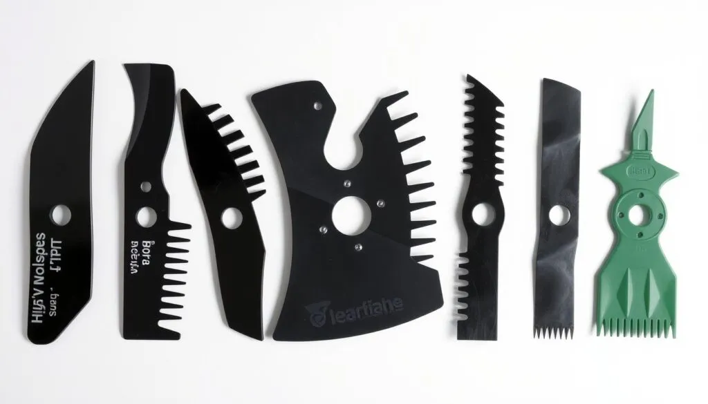 A close-up comparison of different lawn mower blade types, including high-lift, mulching, and standard blades. The blades are arranged in a neat row against a plain white background, illuminated by soft, diffused studio lighting to highlight their distinct shapes, sizes, and cutting edges. The image has a clean, informative aesthetic, allowing the viewer to clearly observe and compare the key differences between the blade designs. A close-up comparison of different lawn mower blade types, including high-lift, mulching, and standard blades. The blades are arranged in a neat row against a plain white background, illuminated by soft, diffused studio lighting to highlight their distinct shapes, sizes, and cutting edges. The image has a clean, informative aesthetic, allowing the viewer to clearly observe and compare the key differences between the blade designs.