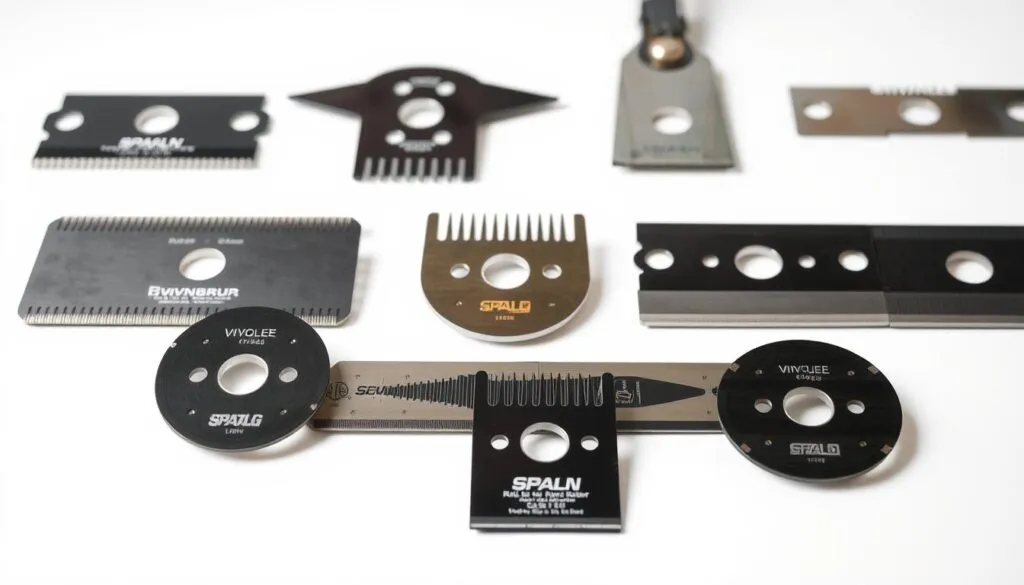 A close-up of a set of lawn mower blades set against a bright, evenly lit background. The blades are sharp, shiny, and meticulously detailed, showcasing their variety in size, shape, and design. In the middle ground, a selection of blade types from different brands are arranged, highlighting their distinct features and dispelling the myth of universal interchangeability. The background is clean and uncluttered, allowing the blades to be the sole focus, conveying a sense of clarity and authority on the subject matter. The lighting is soft and diffused, creating shadows that emphasize the blades' contours and the differences between them. The overall mood is one of informative, technical precision, inviting the viewer to closely examine the diverse range of lawn mower blade options. A close-up of a set of lawn mower blades set against a bright, evenly lit background. The blades are sharp, shiny, and meticulously detailed, showcasing their variety in size, shape, and design. In the middle ground, a selection of blade types from different brands are arranged, highlighting their distinct features and dispelling the myth of universal interchangeability. The background is clean and uncluttered, allowing the blades to be the sole focus, conveying a sense of clarity and authority on the subject matter. The lighting is soft and diffused, creating shadows that emphasize the blades' contours and the differences between them. The overall mood is one of informative, technical precision, inviting the viewer to closely examine the diverse range of lawn mower blade options.