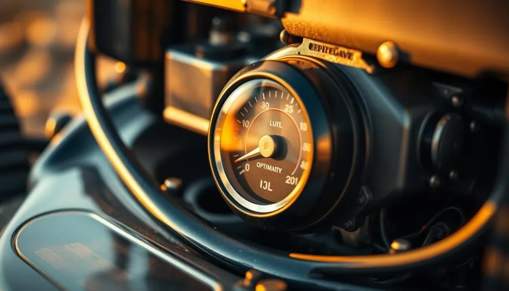 A close-up view of a lawn mower engine, showcasing the oil temperature gauge and surrounding components. The engine is bathed in warm, golden lighting, casting subtle shadows that highlight the intricate mechanics. The gauge's needle gently points to an optimal temperature range, indicating the ideal operating conditions for the engine's oil. The background is blurred, allowing the viewer to focus on the technical details of the lawn mower's oil temperature monitoring system. The overall scene conveys a sense of precision, efficiency, and the importance of maintaining proper oil temperature for optimal lawn mower performance.