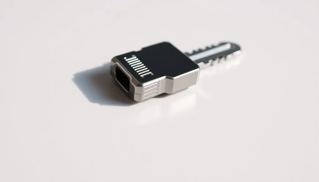 A close-up view of a universal ignition key, meticulously crafted with a sleek, chrome finish. The key sits prominently on a plain background, casting a soft, ambient light that accentuates its minimalist design. The key's teeth and grooves are sharply defined, conveying a sense of precision and versatility. The image is captured with a shallow depth of field, allowing the key to be the sole focus, while the background remains subtly blurred, creating a sense of isolation and emphasis on the object's significance. The lighting is natural and diffused, giving the image a clean, professional appearance suitable for illustrating the section on Craftsman riding lawn mower key compatibility.