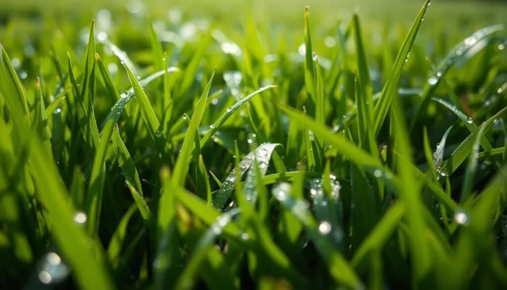 A close-up view of wet grass, with individual blades glistening with water droplets. The scene is illuminated by soft, diffused natural light, creating a serene and contemplative atmosphere. The grass appears lush and verdant, with a variety of shades and textures visible. The camera is positioned at a low angle, capturing the intricate details of the grass and the moisture that clings to it. The background is blurred, placing the focus entirely on the evaluation of the wet grass conditions, allowing the viewer to immerse themselves in the scene and assess the suitability for mowing.
