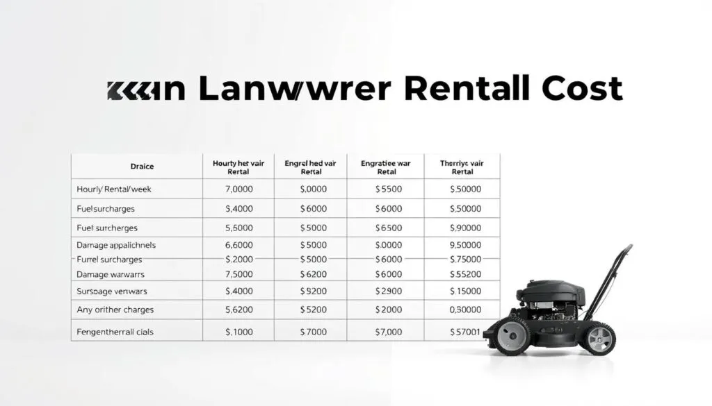 A detailed breakdown of lawn mower rental pricing presented on a clean, minimalist tabular display. The foreground features a neatly formatted price table with column headers outlining key cost components - base rental rate, hourly/daily/weekly fees, fuel surcharges, damage waivers, and any other applicable charges. The table is rendered with clear, legible typography against a neutral background, allowing the pricing information to be the focal point. The middle ground showcases a slightly angled, well-lit lawn mower model to provide context, while the background maintains a subtle, softly blurred gradient to keep the attention on the pricing details. The overall mood is professional, informative, and easy to comprehend, suitable for inclusion in an article on understanding lawn mower rental costs.