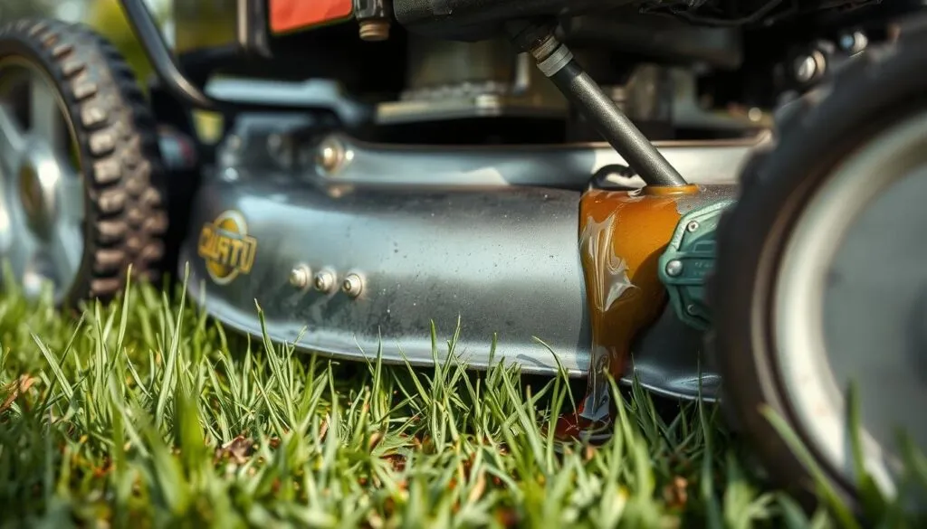A detailed close-up of a lawn mower engine, showcasing an oil leak. The engine is positioned in the foreground, with the leaking oil dripping onto the grass below. The lighting is soft and natural, highlighting the shiny metal surfaces and the viscous texture of the oil. The background is blurred, creating a sense of focus on the technical issue at hand. The overall mood is one of troubleshooting and problem-solving, with the image providing a clear visual representation of the common causes behind a lawn mower oil leak.