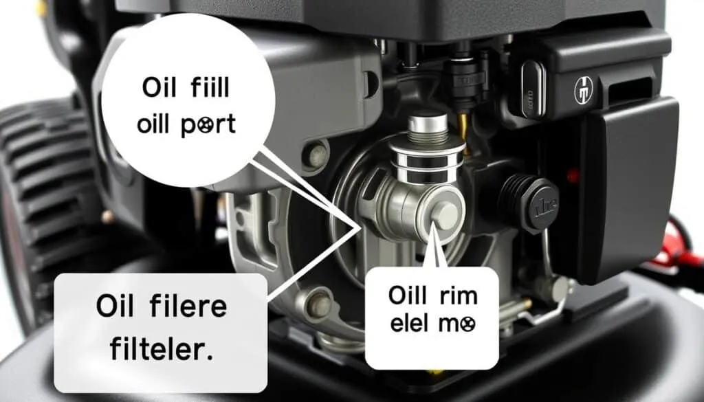 A detailed, close-up view of a Toro lawn mower engine, showcasing its internal oil requirements. The engine is depicted in a well-lit, technical diagram-like style, with a transparent casing revealing the intricate components and oil passages. The foreground focuses on the oil fill port, oil filter, and oil drain plug, highlighting their placement and dimensions. The middle ground provides an overview of the engine block, crankcase, and other relevant parts. The background subtly suggests the engine's context within the larger Toro mower assembly. The image conveys a sense of precision, functionality, and the importance of properly maintaining the engine's oil system for optimal performance. A detailed, close-up view of a Toro lawn mower engine, showcasing its internal oil requirements. The engine is depicted in a well-lit, technical diagram-like style, with a transparent casing revealing the intricate components and oil passages. The foreground focuses on the oil fill port, oil filter, and oil drain plug, highlighting their placement and dimensions. The middle ground provides an overview of the engine block, crankcase, and other relevant parts. The background subtly suggests the engine's context within the larger Toro mower assembly. The image conveys a sense of precision, functionality, and the importance of properly maintaining the engine's oil system for optimal performance.