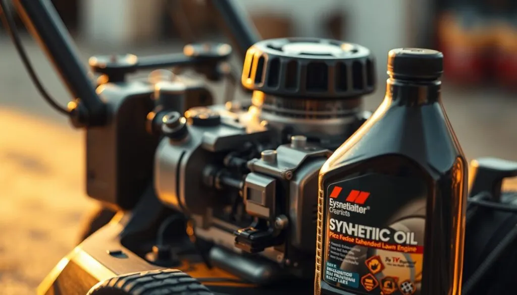 A detailed close-up view of a small lawn mower engine, bathed in warm, soft lighting that accentuates the intricate mechanical components. The engine block is disassembled, revealing its inner workings, with a bottle of synthetic oil prominently displayed in the foreground. The background is blurred, creating a sense of focus and attention on the engine. The scene conveys the benefits of using synthetic oil, such as enhanced lubrication, improved efficiency, and extended engine life, through the meticulous rendering of the engine's parts and the presence of the synthetic oil bottle. A detailed close-up view of a small lawn mower engine, bathed in warm, soft lighting that accentuates the intricate mechanical components. The engine block is disassembled, revealing its inner workings, with a bottle of synthetic oil prominently displayed in the foreground. The background is blurred, creating a sense of focus and attention on the engine. The scene conveys the benefits of using synthetic oil, such as enhanced lubrication, improved efficiency, and extended engine life, through the meticulous rendering of the engine's parts and the presence of the synthetic oil bottle.