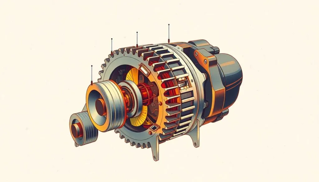 A detailed schematic diagram of a lawn mower alternator, showcasing its internal components and function. The illustration should depict the alternator in a cutaway or exploded view, revealing the rotor, stator, brushes, and other crucial elements. The image should be rendered with a technical, engineering-style aesthetic, emphasizing precision and clarity. Highlight the alternator's role in powering the lawn mower's electrical systems, such as the ignition, lights, and any accessories. Set the scene against a neutral, slightly textured background to allow the alternator's details to stand out. Utilize a combination of warm and cool lighting to create depth and dimensionality, conveying the alternator's mechanical complexity and importance within the lawn mower's overall operation.