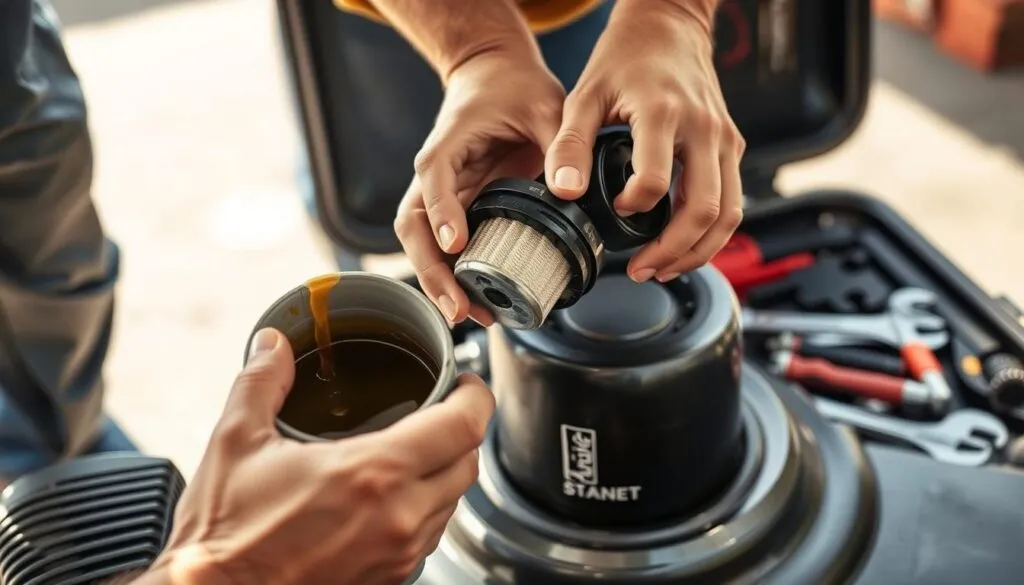 A detailed, step-by-step image of the lawn mower oil change process. In the foreground, a person's hands carefully draining the used oil from the mower's oil tank into a container. In the middle ground, the person is unscrewing the oil filter, with the new filter ready to be installed. In the background, an open toolbox with various wrenches and tools needed for the task. The lighting is bright and natural, capturing the intricate details of the process. The overall mood is one of focused, methodical maintenance, reflecting the care and attention required to properly service a lawn mower.
