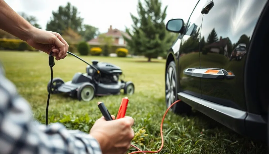 A detailed step-by-step process of jump-starting a lawn mower. In the foreground, a person's hands connecting jumper cables between a lawn mower and a car battery. The middle ground shows the lawn mower and car positioned for the jump-start, with the lawn mower in an angled profile view. The background depicts a well-lit outdoor scene with a neatly trimmed lawn, trees, and a bright, overcast sky. The lighting is natural, creating soft shadows and highlights that accentuate the technical details of the jump-starting process. The camera angle is slightly elevated, providing a clear, unobstructed view of the entire setup. The mood is one of instructional clarity and practical problem-solving. A detailed step-by-step process of jump-starting a lawn mower. In the foreground, a person's hands connecting jumper cables between a lawn mower and a car battery. The middle ground shows the lawn mower and car positioned for the jump-start, with the lawn mower in an angled profile view. The background depicts a well-lit outdoor scene with a neatly trimmed lawn, trees, and a bright, overcast sky. The lighting is natural, creating soft shadows and highlights that accentuate the technical details of the jump-starting process. The camera angle is slightly elevated, providing a clear, unobstructed view of the entire setup. The mood is one of instructional clarity and practical problem-solving.