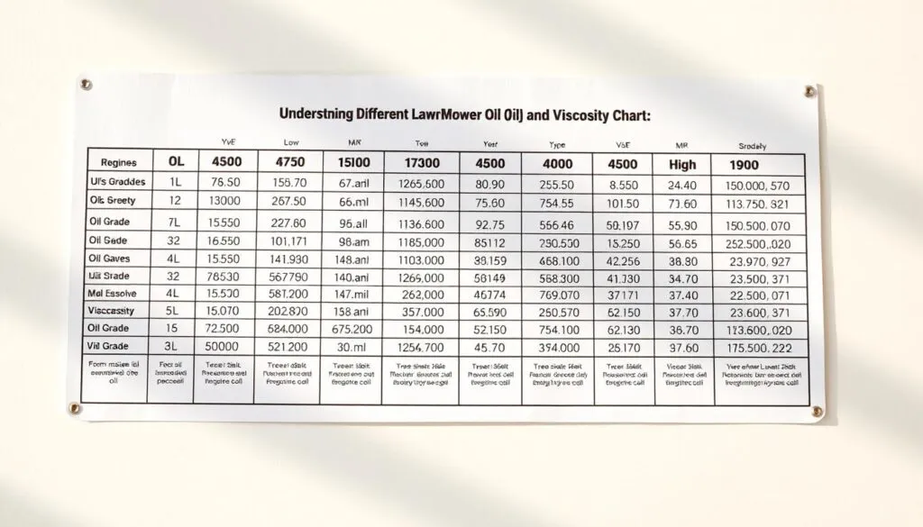 A detailed viscosity chart for lawn mower engine oils, displayed on a clean, bright background. The chart features oil grades ranging from low to high, with clear numerical values and corresponding viscosity descriptions. The layout is well-organized, allowing easy comparison of different oil types. Warm, natural lighting casts subtle shadows, creating depth and highlighting the textural details of the chart. The overall composition conveys a sense of professionalism and technical expertise, perfectly suited to illustrate the A detailed viscosity chart for lawn mower engine oils, displayed on a clean, bright background. The chart features oil grades ranging from low to high, with clear numerical values and corresponding viscosity descriptions. The layout is well-organized, allowing easy comparison of different oil types. Warm, natural lighting casts subtle shadows, creating depth and highlighting the textural details of the chart. The overall composition conveys a sense of professionalism and technical expertise, perfectly suited to illustrate the