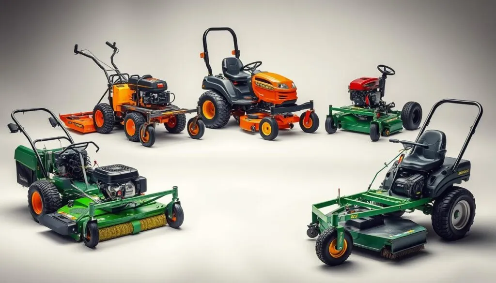 A high-quality, detailed image of the top brush mower models, showcasing their key features and capabilities. Capture the models in a well-lit, studio-like setting, shot from multiple angles to highlight their design, power, and cutting mechanisms. Include a variety of models, such as gas-powered, self-propelled, and tow-behind options, all rendered with a sharp focus and realistic textures. The image should convey the professional, rugged, and efficient nature of these brush mowers, suitable for use in an article about renting such equipment.