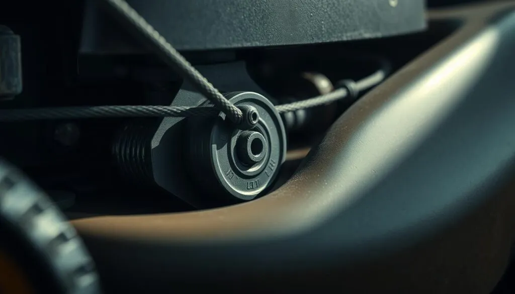 A high-resolution close-up view of a lawn mower recoil mechanism, meticulously detailed. Prominently showcased are the pull cord, spring, and pulley system, illuminated by soft, directional lighting that casts subtle shadows, revealing the intricate mechanical interplay. The muted, industrial color palette and clean, uncluttered composition lend a sense of technical focus, inviting the viewer to examine the mechanism's inner workings with clarity and understanding.