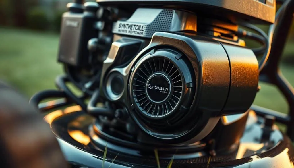 A highly detailed, photorealistic image of a synthetic oil lawn mower engine, shot from a low-angle perspective with a shallow depth of field. The engine is the focal point, rendered with intricate mechanical details and a shiny, pristine appearance. Soft, warm lighting illuminates the scene, creating a sense of quality and protection. The background is blurred, hinting at a lush, manicured lawn environment. The overall mood conveys a sense of reliable, high-performance engine protection for lawn mowers. A highly detailed, photorealistic image of a synthetic oil lawn mower engine, shot from a low-angle perspective with a shallow depth of field. The engine is the focal point, rendered with intricate mechanical details and a shiny, pristine appearance. Soft, warm lighting illuminates the scene, creating a sense of quality and protection. The background is blurred, hinting at a lush, manicured lawn environment. The overall mood conveys a sense of reliable, high-performance engine protection for lawn mowers.