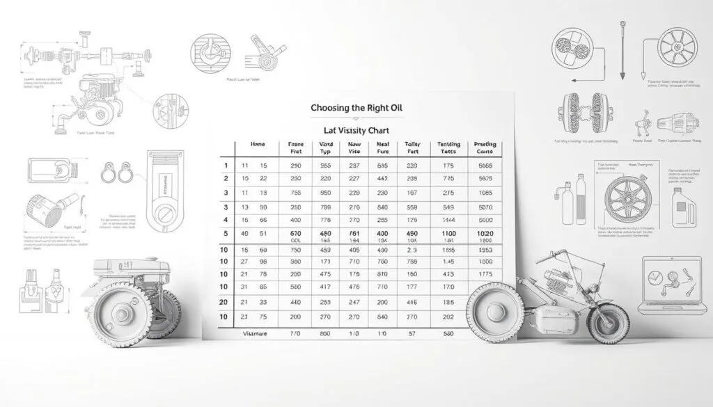 A highly detailed, precision-engineered lawn mower oil viscosity chart rendered in a technical, scientific style. The chart is the central focus, occupying the midground, with a clean white background. Surrounding it are subtle, greyscale technical illustrations and diagrams related to lawn mower engine components and oil properties. Soft, neutral lighting casts an authoritative, informative atmosphere. The overall composition conveys a sense of technical expertise and utility, perfectly suited to illustrate the 