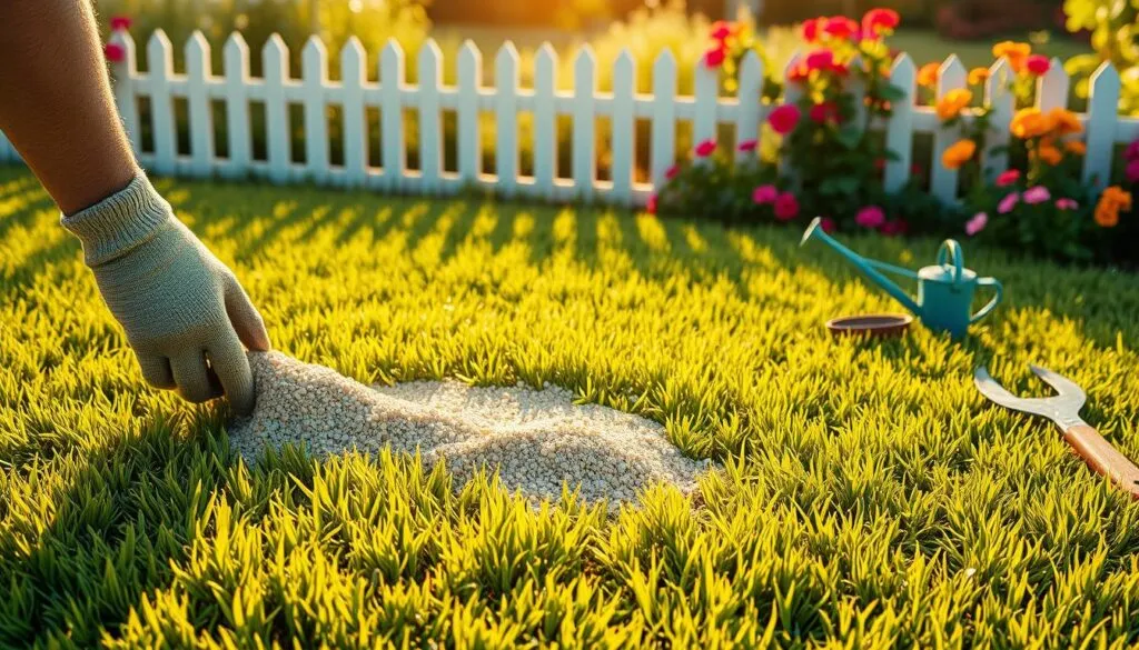 A lush, freshly mowed lawn bathed in warm, golden afternoon sunlight. In the foreground, a gardener's gloved hands carefully apply a layer of nourishing grass seed over the freshly cut blades. The middle ground features a scattered array of small gardening tools - a trowel, a watering can, and a pair of pruning shears. In the background, a picket fence and a row of vibrant, blooming flowers frame the scene, conveying a sense of care and attention to detail. The overall atmosphere is one of tranquility and the promise of a thriving, healthy new lawn.