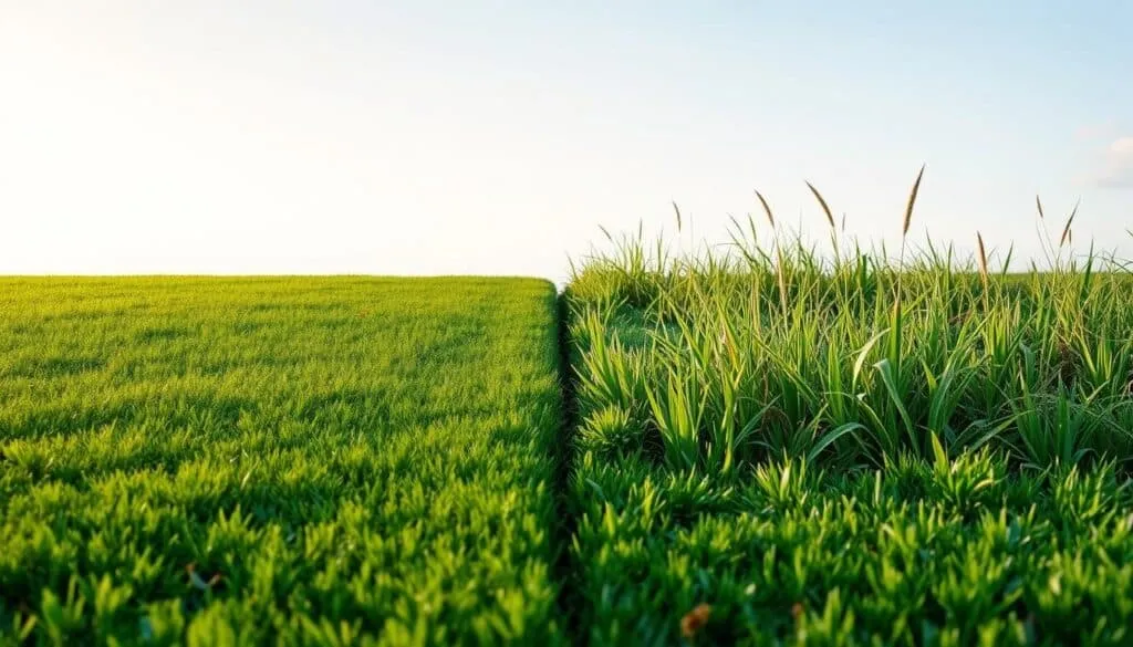 A lush green lawn stretches across the foreground, with a crisp, cloudless sky in the background. In the middle ground, two distinct scenes unfold: on the left, a well-manicured lawn with freshly cut grass, neatly trimmed edges, and a vibrant, healthy appearance; on the right, an overgrown lawn with long, unruly grass, weeds, and a neglected, unkempt look. Soft, warm lighting illuminates the scene, casting subtle shadows and highlighting the textures of the grass. The image is captured from a slightly elevated angle, providing a comprehensive view of the contrasting lawn care approaches. The overall composition conveys a sense of order, cleanliness, and attention to detail on the left, while the right side evokes a feeling of neglect and a need for improvement. The visual cues guide the viewer to understand the 