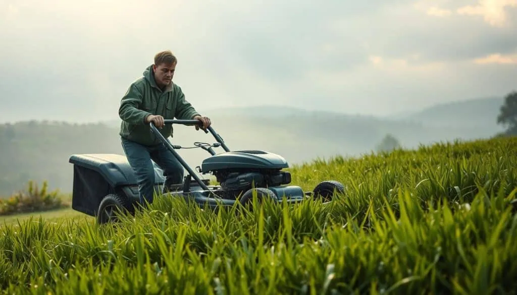 A lush, rain-drenched lawn with a determined gardener carefully maneuvering a sturdy lawnmower. The mower's blades slice through the verdant, moisture-laden grass, leaving behind a neat, even swath. Rays of soft, diffused sunlight filter through the cloudy skies, illuminating the scene with a gentle, contemplative atmosphere. The gardener's expression is one of focused concentration, navigating the challenges of mowing in wet conditions while avoiding damage to the lawn. The surrounding landscape is shrouded in a misty, atmospheric haze, emphasizing the tranquility of the moment. Technical details like the mower's sleek design and the gardener's protective gear add a sense of practicality to the composition.