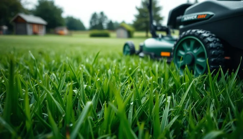A lush, verdant lawn on a cloudy, overcast day. In the foreground, a close-up view of freshly mowed grass glistening with dew, the blades slightly flattened. In the middle ground, a lawn mower with its blades raised, showcasing the proper technique for mowing wet grass - slow, deliberate passes to avoid clumping and rutting. In the background, a gardening shed and a few trees, creating a serene, pastoral scene. The lighting is soft and diffused, adding to the tranquil atmosphere. The overall composition emphasizes the expert guidelines for safely and effectively mowing wet grass.