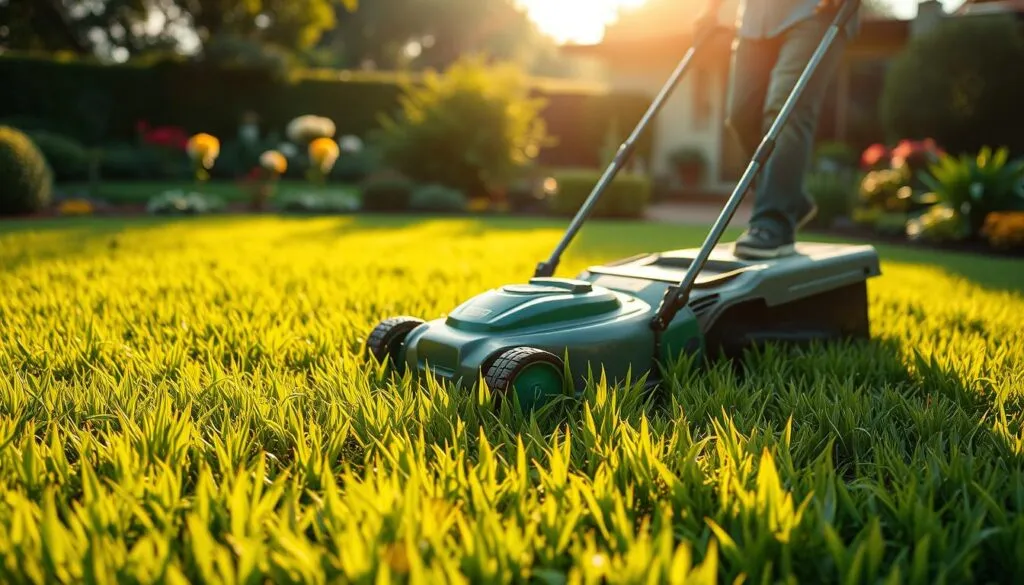 A lush, verdant lawn stretches out under a warm, golden-hued afternoon sun. In the foreground, a homeowner meticulously mows the grass, their lawn mower's blades effortlessly slicing through the vibrant green blades. The middle ground showcases the neatly trimmed lawn, with each blade standing tall and healthy. In the background, a picturesque garden frames the scene, adding depth and natural beauty. The lighting is soft and natural, creating a serene, inviting atmosphere. The overall composition conveys a sense of pride and care, highlighting the best practices for maintaining a healthy, lush lawn.