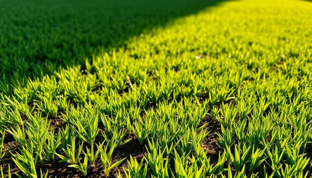 A lush, verdant lawn with distinct stages of growth showcasing the progression from seeded to sodded grass. In the foreground, tender seedlings emerge from the soil, their vibrant green blades gently swaying in a soft breeze. The middle ground features a more mature, dense carpet of grass, its uniform texture and height indicating an established sodded lawn. In the background, a gradient of shades and textures depicts the gradual transition from seeded to sodded sections, creating a visually compelling representation of the different growth stages. The scene is bathed in warm, golden sunlight, casting gentle shadows and highlighting the rich, earthy tones of the soil and the vibrant hues of the grass. The overall composition conveys a sense of natural harmony and the beauty of a thriving, healthy lawn.