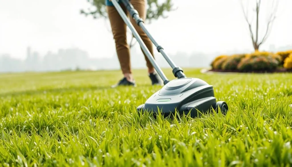 A lush, verdant lawn with glistening dew-kissed blades of grass under a soft, diffused natural light. In the foreground, a person in casual attire carefully maneuvering a modern electric lawn mower, their movements deliberate and focused. The mower's sleek design and quiet operation reflect the best practices for mowing wet grass, minimizing compaction and tearing of the delicate turf. In the middle ground, neatly trimmed grass edges and a well-maintained garden border frame the scene, conveying a sense of meticulous lawn care. The background features a tranquil, overcast sky, hinting at the recent rain that has left the grass damp but not saturated, the ideal conditions for this task. An atmosphere of diligence and environmental stewardship permeates the image, illustrating the proper techniques for mowing wet grass to maintain a healthy, lush lawn. A lush, verdant lawn with glistening dew-kissed blades of grass under a soft, diffused natural light. In the foreground, a person in casual attire carefully maneuvering a modern electric lawn mower, their movements deliberate and focused. The mower's sleek design and quiet operation reflect the best practices for mowing wet grass, minimizing compaction and tearing of the delicate turf. In the middle ground, neatly trimmed grass edges and a well-maintained garden border frame the scene, conveying a sense of meticulous lawn care. The background features a tranquil, overcast sky, hinting at the recent rain that has left the grass damp but not saturated, the ideal conditions for this task. An atmosphere of diligence and environmental stewardship permeates the image, illustrating the proper techniques for mowing wet grass to maintain a healthy, lush lawn.