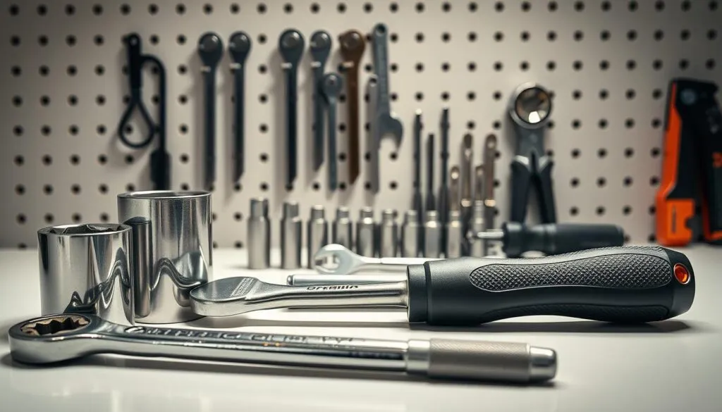 A neatly organized set of professional-grade lawn mower blade removal tools arranged on a clean, well-lit workbench. In the foreground, a sturdy steel socket wrench, a box-end wrench, and a specialized blade removal tool with a comfortable rubber grip. In the middle ground, a selection of various sized metric hex keys and a torque wrench. The background features a pegboard with hanging hooks, giving the scene an organized, workshop-like atmosphere. The lighting is bright and directional, casting subtle shadows that emphasize the tools' forms and textures. The overall mood is one of precision, safety, and efficiency - exactly what's needed for the delicate task of properly removing a lawn mower blade.