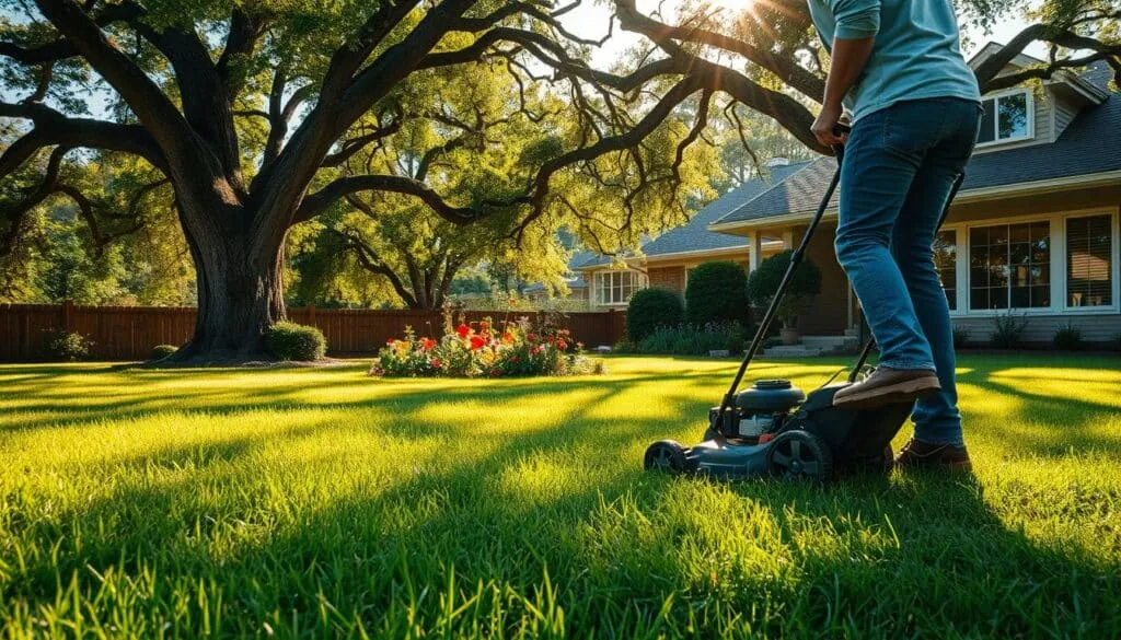 A peaceful mowing routine unfolds in a sun-dappled suburban yard. In the foreground, a person diligently guides a push mower, the blades cutting through lush, emerald grass. Warm light filters through towering oak trees, casting long shadows that dance across the lawn. In the middle ground, a well-tended garden bursts with colorful blooms, their petals swaying gently in a light breeze. In the background, a cozy home stands, its windows glinting, as if welcoming the serene outdoor activity. The atmosphere exudes a sense of tranquility and mindfulness, inviting the viewer to embrace the simple pleasures of lawn maintenance. A peaceful mowing routine unfolds in a sun-dappled suburban yard. In the foreground, a person diligently guides a push mower, the blades cutting through lush, emerald grass. Warm light filters through towering oak trees, casting long shadows that dance across the lawn. In the middle ground, a well-tended garden bursts with colorful blooms, their petals swaying gently in a light breeze. In the background, a cozy home stands, its windows glinting, as if welcoming the serene outdoor activity. The atmosphere exudes a sense of tranquility and mindfulness, inviting the viewer to embrace the simple pleasures of lawn maintenance.