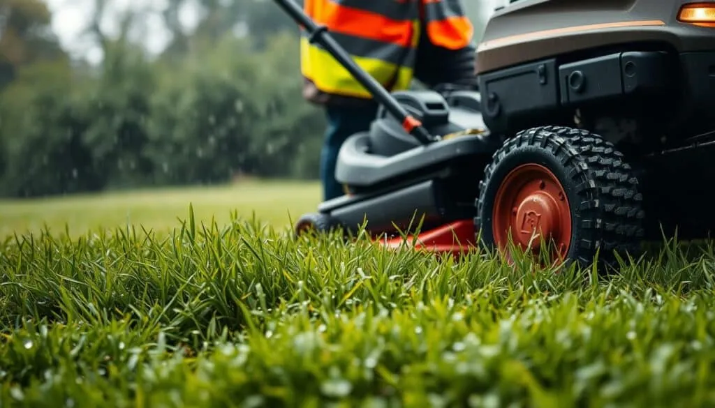 A person in a reflective safety vest carefully mowing a lush, dewy lawn in overcast, drizzly conditions. The mower has large, knobby tires that grip the wet grass. The person maintains a focused, cautious posture, keeping a safe distance from the blade. Diffused natural light casts soft shadows, highlighting the rain droplets on the grass. The background is blurred, emphasizing the foreground subject. The overall mood conveys the importance of safety and responsible lawn maintenance, even in inclement weather. A person in a reflective safety vest carefully mowing a lush, dewy lawn in overcast, drizzly conditions. The mower has large, knobby tires that grip the wet grass. The person maintains a focused, cautious posture, keeping a safe distance from the blade. Diffused natural light casts soft shadows, highlighting the rain droplets on the grass. The background is blurred, emphasizing the foreground subject. The overall mood conveys the importance of safety and responsible lawn maintenance, even in inclement weather.