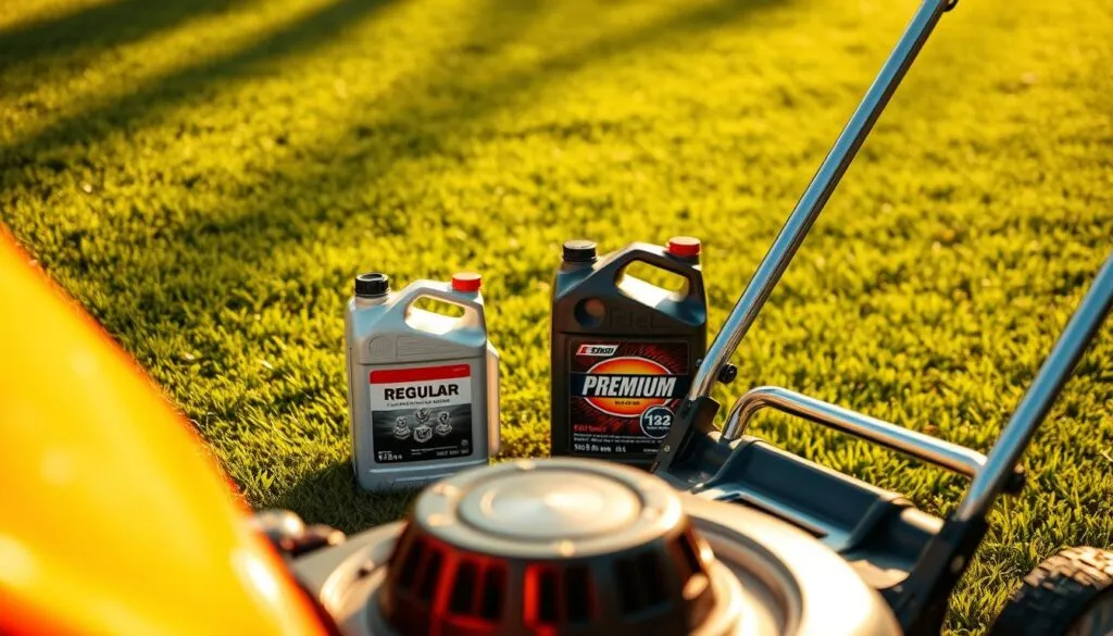A pristine lawn mower stands in the foreground, its gleaming chrome and polished surfaces reflecting the warm sunlight. In the middle ground, two fuel cans, one labeled A pristine lawn mower stands in the foreground, its gleaming chrome and polished surfaces reflecting the warm sunlight. In the middle ground, two fuel cans, one labeled