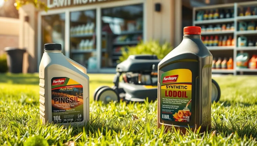 A sun-dappled outdoor scene showcasing the various factors that influence the cost of lawn mower oil. In the foreground, an open bottle of high-quality synthetic oil rests on a freshly mowed lawn, its label prominently displayed. In the middle ground, a lawn mower stands ready, its engine glistening with a fresh coat of oil. In the background, a hardware store facade is visible, with shelves stocked with a variety of oil types and brands. Soft shadows and warm lighting create a pleasant, inviting atmosphere, highlighting the importance of choosing the right oil for your lawn mower's needs and budget.