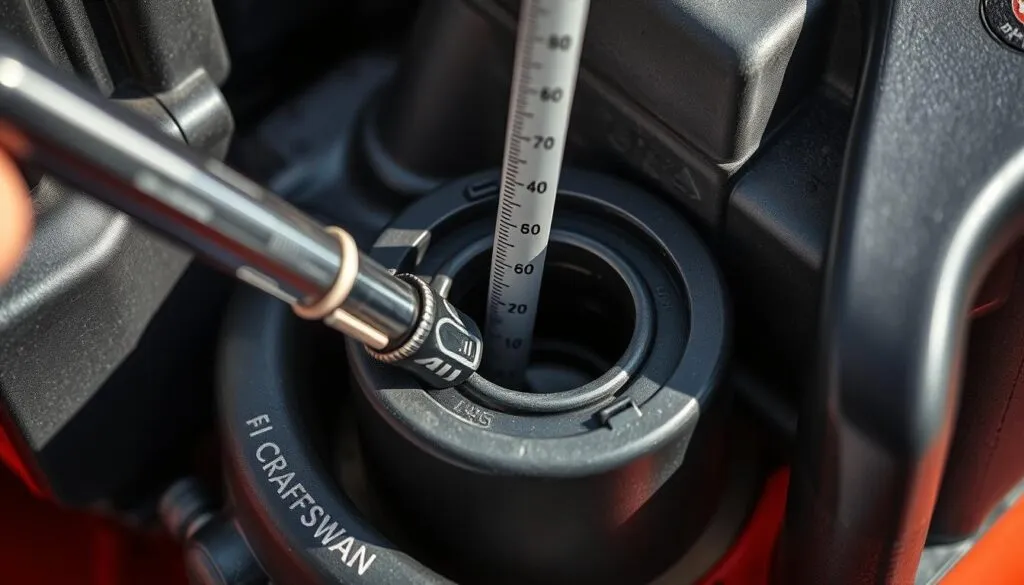 A well-lit, close-up photograph of an engine oil dipstick being inserted into an open engine oil fill port on a Craftsman lawn mower. The dipstick has markings indicating the minimum and maximum oil levels. The surrounding area shows the metal engine components and the plastic housing of the lawn mower, creating a detailed, technical composition. The lighting is bright and directional, casting shadows that highlight the textures and contours of the engine parts. The depth of field is shallow, keeping the dipstick and oil fill port in sharp focus while softening the background. The overall mood is one of precision and functionality, conveying the importance of proper engine oil maintenance for a Craftsman lawn mower.