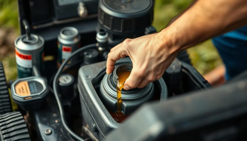 A well-lit, close-up view of a person's hands carefully changing the oil in a lawn mower engine. The foreground shows the open engine compartment, with oil filters, cans, and tools neatly arranged. The middle ground features the person's hands deftly unscrewing the oil plug and draining the used oil into a container. The background subtly blurs to emphasize the focused task, conveying a sense of diligent maintenance. The lighting is soft and natural, accentuating the textures of the engine components and the person's hands. The overall mood is one of attentiveness and care, reflecting the importance of proper lawn mower oil upkeep.