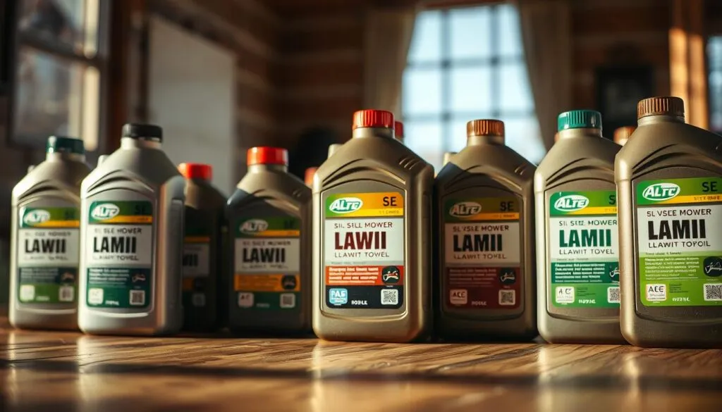 A well-lit, detailed close-up shot of various types of lawn mower oil bottles arranged neatly on a clean, wooden surface. The bottles have clear labels showcasing their SAE viscosity and intended uses. The foreground highlights the textural details of the bottles, caps, and labeling. The middle ground features the arrangement and positioning of the bottles, creating a harmonious, visually appealing composition. The background is slightly blurred, maintaining focus on the product selection. Warm, natural lighting casts subtle shadows, adding depth and a sense of depth of field. The overall mood is informative, educational, and geared towards helping the viewer understand the importance of selecting the right lawn mower oil.