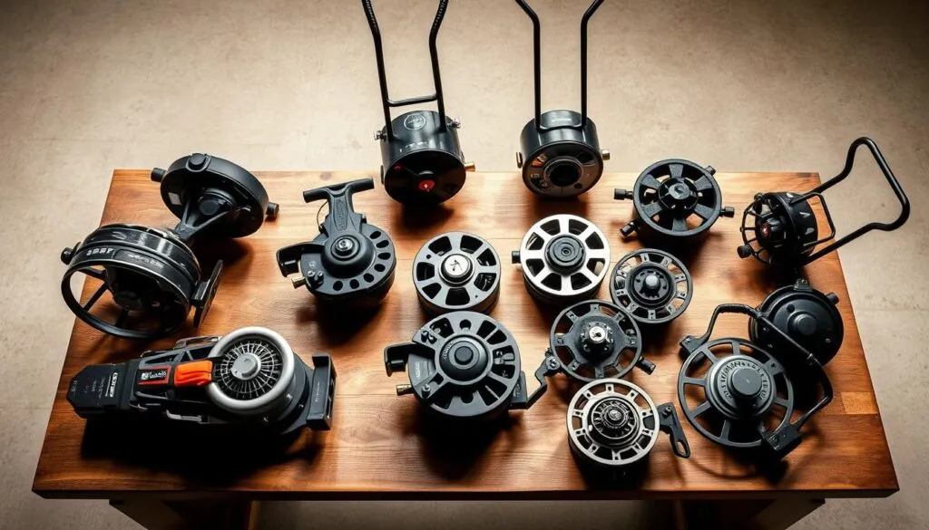 A well-lit, high-angle shot of a carefully curated display of various reel lawn mowers arranged on a wooden table. The mowers are positioned to showcase their mechanical components and design features, inviting the viewer to closely examine and compare the different models. The lighting emphasizes the sleek, polished surfaces and the intricate gears and blades of the mowers, creating a sense of precision and quality craftsmanship. The background is a neutral, clean space, allowing the mowers to take center stage and be the focal point of the image. The overall composition and attention to detail convey a sense of professionalism and expertise, making this the perfect visual representation of a A well-lit, high-angle shot of a carefully curated display of various reel lawn mowers arranged on a wooden table. The mowers are positioned to showcase their mechanical components and design features, inviting the viewer to closely examine and compare the different models. The lighting emphasizes the sleek, polished surfaces and the intricate gears and blades of the mowers, creating a sense of precision and quality craftsmanship. The background is a neutral, clean space, allowing the mowers to take center stage and be the focal point of the image. The overall composition and attention to detail convey a sense of professionalism and expertise, making this the perfect visual representation of a