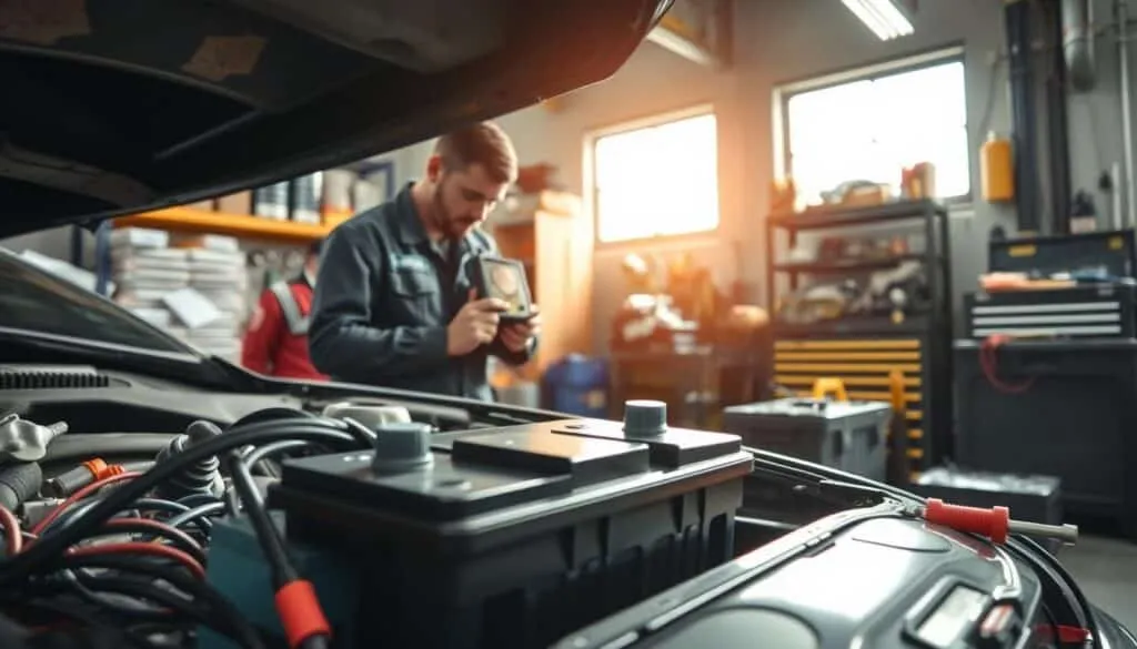 A well-lit workshop interior with a car battery in the foreground, surrounded by tools and materials for battery maintenance. In the middle ground, a mechanic in a uniform is inspecting the battery with a voltmeter. In the background, shelves of automotive parts and a toolbox. The scene conveys a sense of expertise and attention to detail in properly caring for a vehicle's power source.