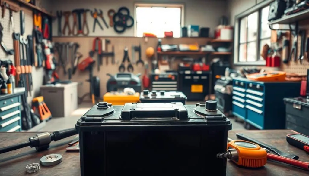 A well-lit workshop interior with a focused view on a car battery and maintenance tools. In the foreground, a gleaming car battery sits on a workbench, surrounded by a torque wrench, a voltmeter, and a cleaning brush. The middle ground shows a neatly organized toolbox and a selection of spare parts. The background features pegboards with hanging tools, shelves stocked with automotive supplies, and a large window letting in natural light, creating a warm, professional atmosphere conducive to proper battery care and maintenance.