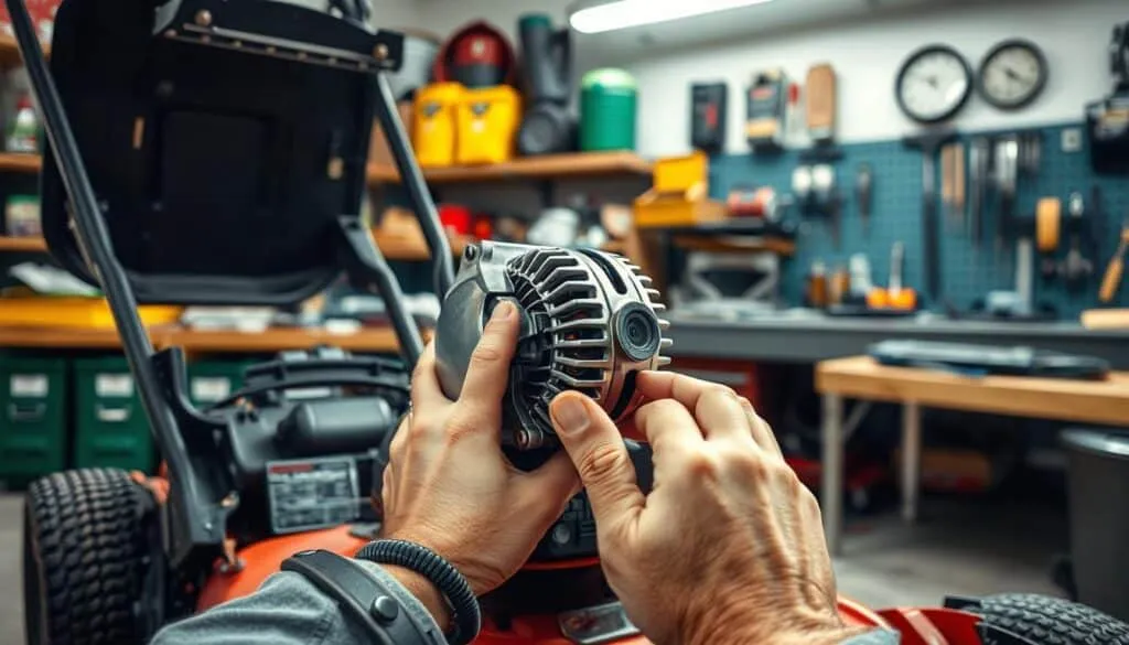 A well-lit workshop scene with a lawnmower placed prominently in the foreground. The mower's engine bay is open, revealing the alternator assembly. A mechanic's hands are visible, holding various tools and carefully inspecting the alternator. The background features shelves stocked with lawn care supplies and a workbench with organized tools. The overall mood is one of focused, step-by-step guidance, conveying the expertise required for a successful alternator replacement.