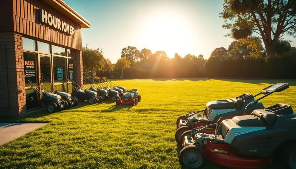 A well-maintained lawn mower rental storefront, bathed in warm afternoon sunlight, stands prominently in the foreground. Rows of neatly organized mowers, their polished blades and chrome accents gleaming, are displayed in the midground. In the background, a meticulously manicured lawn serves as a natural backdrop, emphasizing the quality and reliability of the rental equipment. The composition is balanced, with a sense of depth and attention to detail that captures the professionalism and expertise of the lawn mower rental business. The overall mood is one of trust, reliability, and the promise of a well-cared-for lawn.