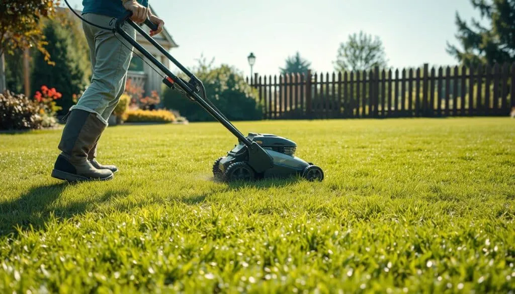 A wide, sun-dappled lawn stretches out, the grass glistening with morning dew. A person in protective gear, including non-slip boots and a wide-brimmed hat, carefully maneuvers a modern, energy-efficient lawn mower across the damp surface, leaving a neatly trimmed, uniform swathe in its wake. The mower's blades are set to a higher-than-usual height, and the person's movements are slow and deliberate, mindful of the slippery conditions. In the background, a well-maintained garden and a picturesque wooden fence frame the scene, conveying a sense of order and attention to detail. The overall mood is one of safety, care, and responsible lawn maintenance.