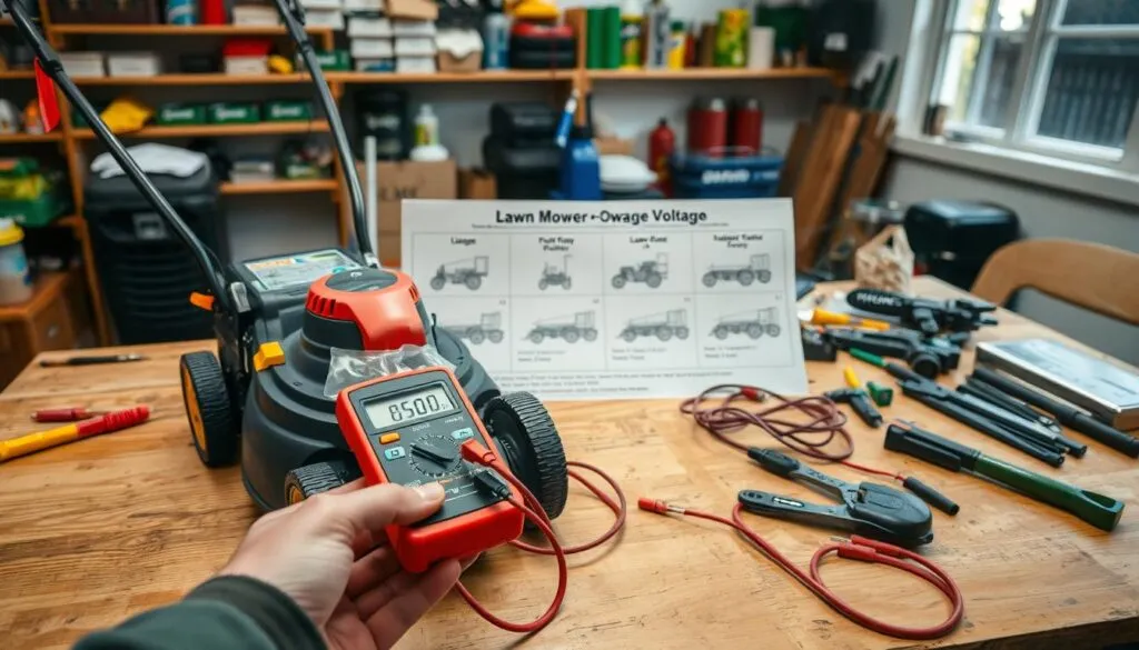 A workshop table with a lawn mower, various tools, and electrical components laid out. In the foreground, a voltmeter is held close to the mower's battery terminals, indicating the user is checking the voltage. The middle ground features a diagram or schematic showing the different voltage requirements for lawn mower models. The background has shelves with lawn care products and a window providing natural lighting. The overall scene conveys a sense of focus and problem-solving as the user determines the correct mower voltage.