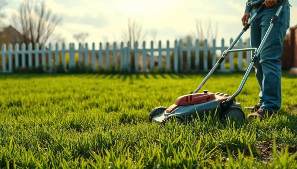 An idyllic spring morning, a lush green lawn with newly sprouted grass ready for its first mowing. In the foreground, a freshly sharpened lawnmower stands at the ready, its chrome gleaming in the soft, diffused sunlight filtering through wispy clouds. A gardener, clad in weathered denim and a wide-brimmed hat, contemplates the optimal height and timing, examining the grass blades intently. The middle ground features the verdant carpet of grass, its vibrant hues contrasting with the warm, earthy tones of the surrounding soil. In the distance, a picturesque white picket fence frames the scene, hinting at a cozy suburban setting. The overall mood is one of anticipation and careful consideration, as the gardener determines the perfect moment to commence the inaugural mowing of this promising new lawn.