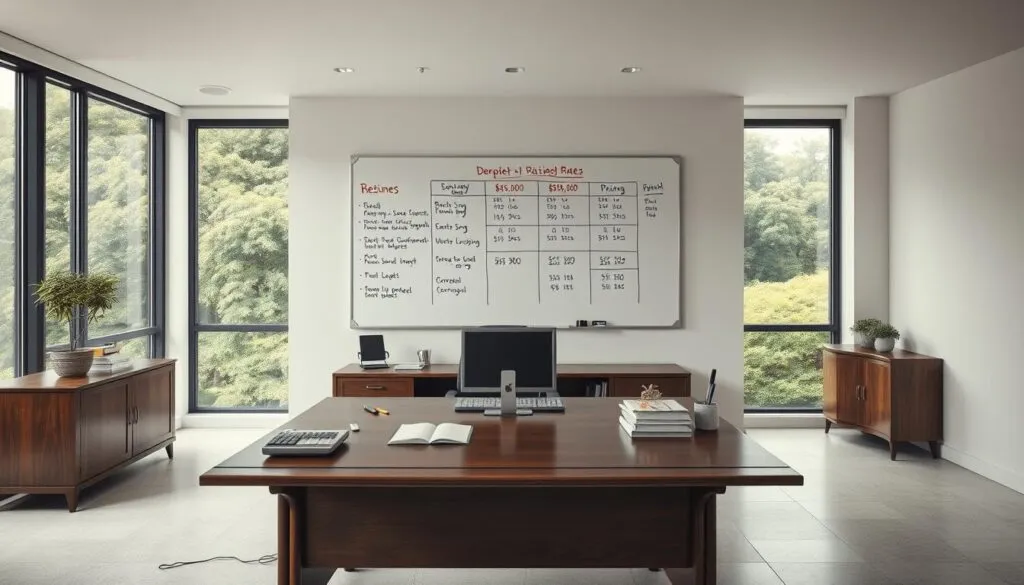 An immaculate office interior with a large, elegant wooden desk and a modern computer setup. The desk is adorned with a calculator, a stack of documents, and a pen holder. On the wall behind the desk, a neatly organized whiteboard displays a breakdown of rental rates and pricing structures, clearly presenting the various options and details. The lighting is soft and diffused, creating a professional and welcoming atmosphere. The room is spacious, with large windows offering a view of a lush, verdant landscape outside, further enhancing the serene and productive environment.