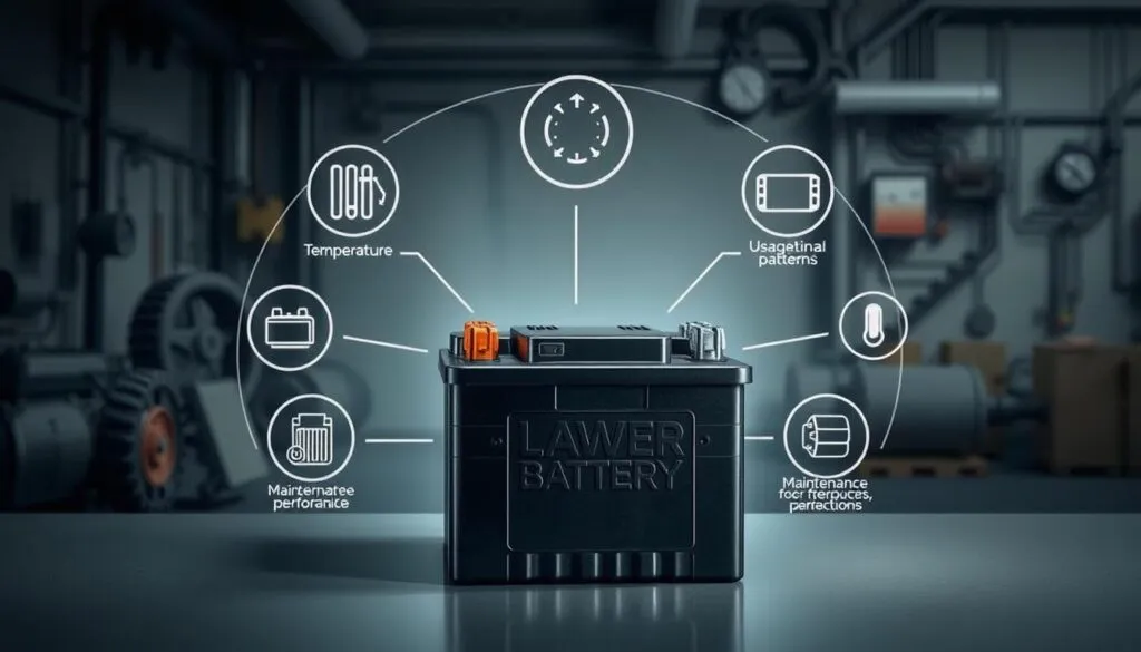 Factors affecting battery life: a detailed diagram depicting a lawn mower battery with technical elements surrounding it. In the foreground, a battery with its various components - terminals, casing, and internal cells - showcased in a clean, well-lit setup. In the middle ground, visual representations of factors impacting battery performance, such as temperature, usage patterns, and maintenance practices. In the background, a subtle, industrial-inspired scene with gears, electrical circuits, and a muted color palette to reinforce the technical nature of the subject. Captured with a wide-angle lens to provide a comprehensive view, the image conveys a sense of depth and technical sophistication, suitable for illustrating the 