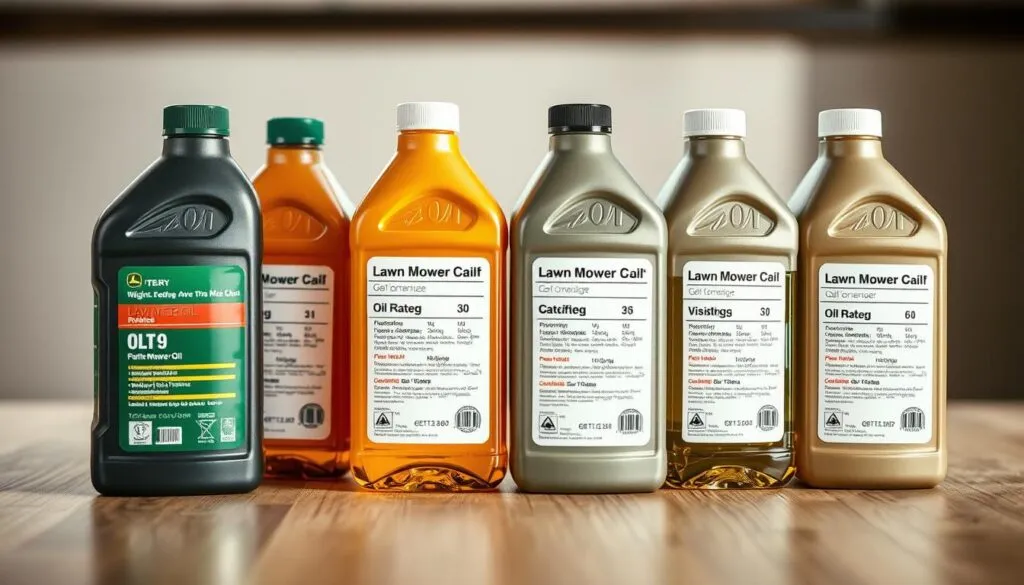 A close-up comparison of different grades of lawn mower oil arranged neatly on a clean, well-lit wooden surface. The oils are showcased in clear glass bottles, allowing their colors and viscosities to be observed. The bottles are accompanied by relevant technical information, such as oil ratings and specifications, presented in a clear and easy-to-understand manner. The overall composition is balanced, with a neutral, professional tone that conveys the importance of choosing the right oil for one's lawn mower. Soft, directional lighting illuminates the scene, creating depth and highlighting the key details. The image is captured with a shallow depth of field, keeping the focus on the oil bottles while the background is gently blurred. A close-up comparison of different grades of lawn mower oil arranged neatly on a clean, well-lit wooden surface. The oils are showcased in clear glass bottles, allowing their colors and viscosities to be observed. The bottles are accompanied by relevant technical information, such as oil ratings and specifications, presented in a clear and easy-to-understand manner. The overall composition is balanced, with a neutral, professional tone that conveys the importance of choosing the right oil for one's lawn mower. Soft, directional lighting illuminates the scene, creating depth and highlighting the key details. The image is captured with a shallow depth of field, keeping the focus on the oil bottles while the background is gently blurred.