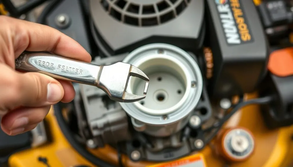 A close-up view of a fuel filter replacement process for a lawn mower engine. The foreground features a hand holding a wrench, carefully unscrewing the old fuel filter. The middle ground showcases the exposed fuel filter housing, revealing its inner workings. The background depicts the lawn mower engine bay, with clean, well-lit conditions to provide a clear and informative view of the procedure. The scene conveys a sense of precision and attention to detail, highlighting the importance of proper fuel filter maintenance for optimal lawn mower performance.