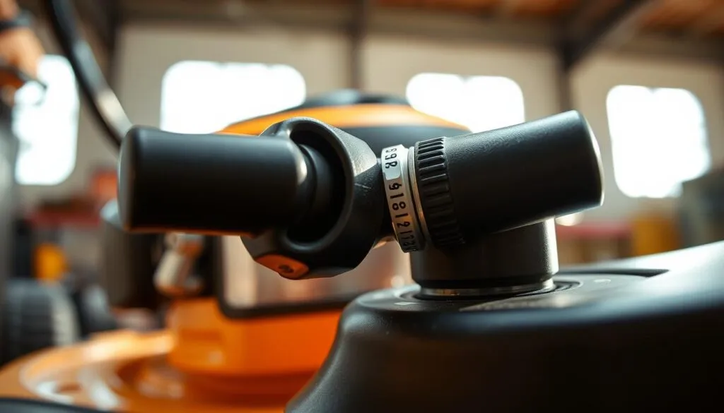 A close-up view of a lawn mower throttle control mechanism in a well-lit, technical setting. The throttle lever is prominently displayed, with its detents and adjustment markings clearly visible. The background is blurred, emphasizing the intricate details of the throttle assembly. The image is captured from a low angle, giving a sense of the throttle's importance and functionality within the mower's overall design. The lighting is warm and natural, highlighting the metallic and plastic components of the throttle. The overall mood is one of precision engineering and attention to detail, reflecting the section's focus on optimizing mower performance.