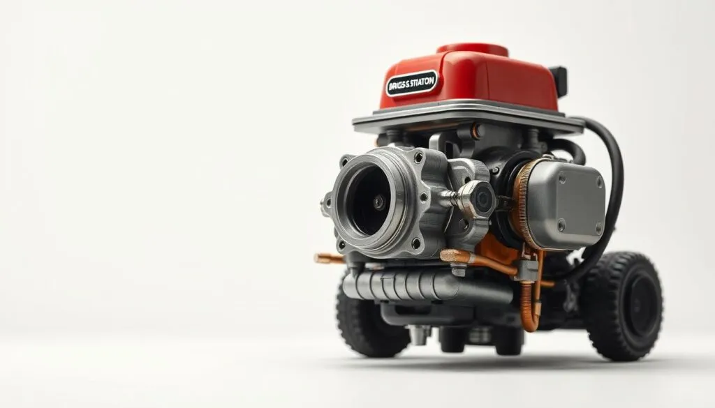 A detailed and technical rendering of a Briggs & Stratton lawn mower carburetor, showcased in a well-lit studio setting with a neutral background. The carburetor is positioned in the center, highlighting its intricate components and mechanisms. The image should convey the pricing factors that influence the cost of a lawn mower carburetor, such as materials, manufacturing complexity, brand reputation, and market demand. Employ a high-resolution camera with a shallow depth of field to focus the viewer's attention on the carburetor's details. Utilize neutral lighting to create a clean, professional aesthetic that complements the technical subject matter. A detailed and technical rendering of a Briggs & Stratton lawn mower carburetor, showcased in a well-lit studio setting with a neutral background. The carburetor is positioned in the center, highlighting its intricate components and mechanisms. The image should convey the pricing factors that influence the cost of a lawn mower carburetor, such as materials, manufacturing complexity, brand reputation, and market demand. Employ a high-resolution camera with a shallow depth of field to focus the viewer's attention on the carburetor's details. Utilize neutral lighting to create a clean, professional aesthetic that complements the technical subject matter.