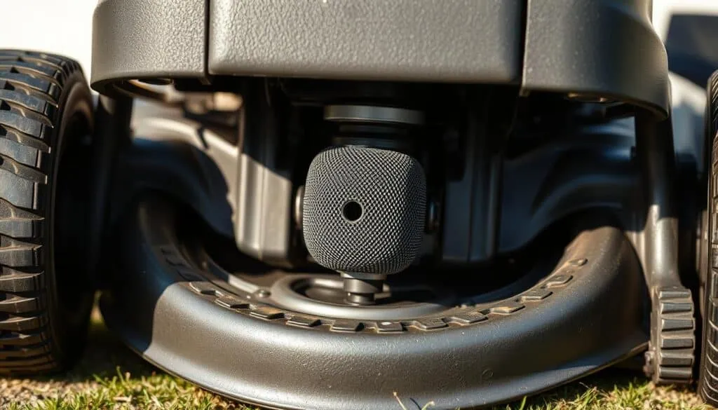 A detailed close-up view of the underside of a lawn mower, revealing the fuel filter location. The mower's body casts soft shadows, providing depth and dimension. The fuel filter is prominently displayed, showcasing its cylindrical shape and textured surface. The surrounding area is clean and well-lit, allowing the viewer to clearly see the filter's placement within the mower's engine compartment. The image has a technical, informative tone, guiding the viewer to the specific area of interest. Precise angles and a shallow depth of field focus the attention on the fuel filter's position, highlighting its importance in the mower's fuel system.
