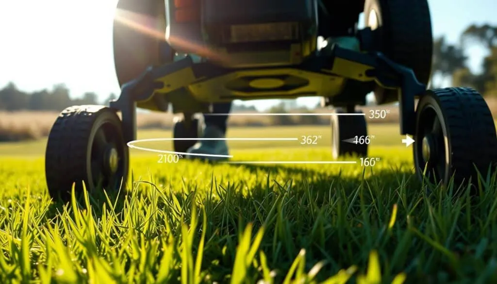 A detailed illustration of lawn mower speed ranges, captured from a low angle with a sharp, wide-angle lens. The foreground features a well-maintained lawn with vibrant green grass, punctuated by the sleek silhouette of a modern push mower in motion. The middle ground showcases various speed indicators, visually represented by dynamic lines and arrows to convey a sense of velocity. In the background, a sun-dappled landscape frames the scene, creating a crisp, well-lit atmosphere that emphasizes the technical precision of the mower's performance. The overall composition aims to provide a clear, informative, and visually engaging representation of lawn mower speed ranges.